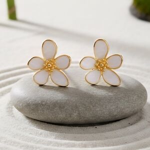 New Gold & White Petal Flower Earrings 14K Plated Dainty Botanical Cottagecore